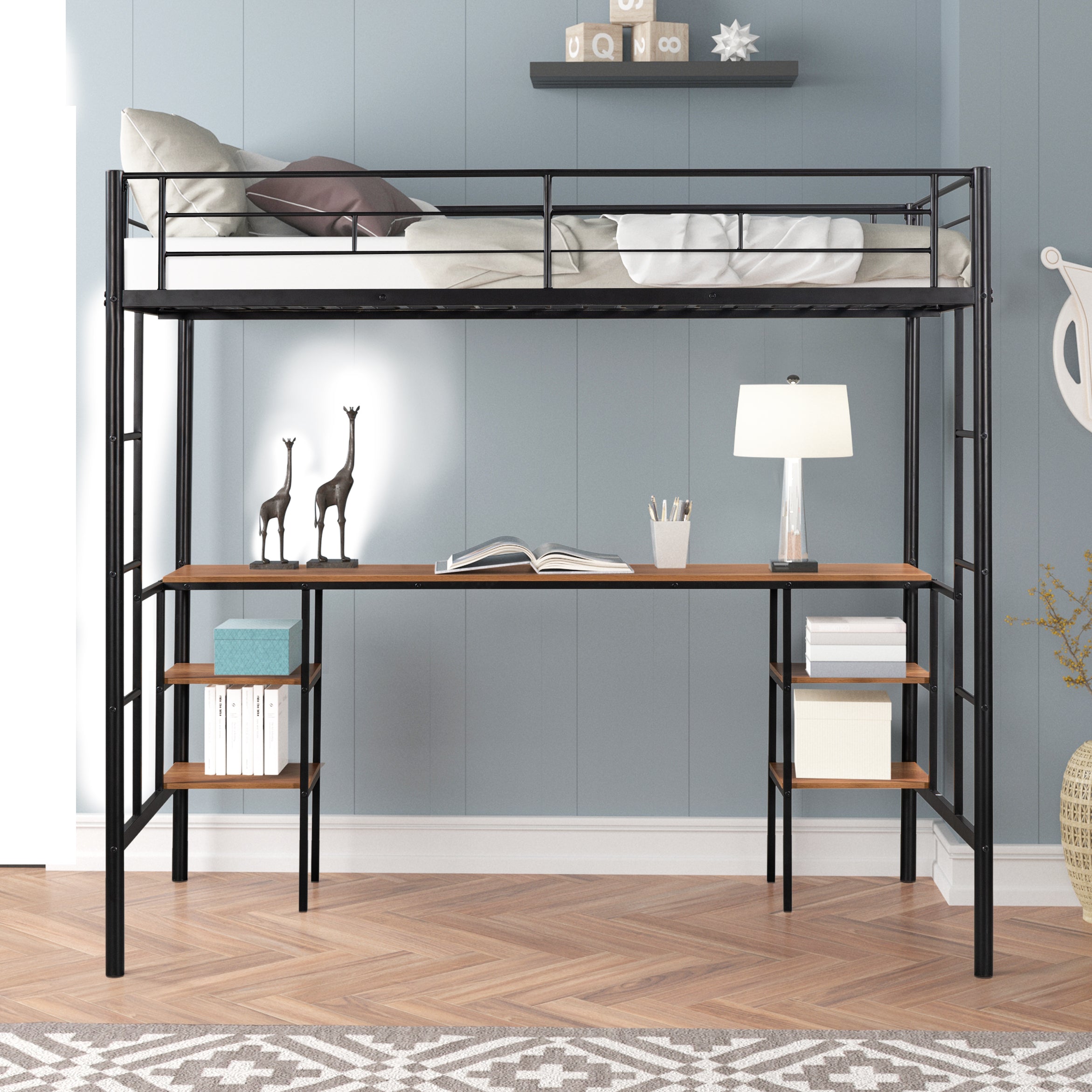HAOYYE Twin-Size Loft Bed With Table And Shelves, Heavy-Duty Metal Construction, Noise-Reduced Design, Safety Guardrail, Two Side Ladders, CPC Certified, No Box Spring Required, Space-Saving Loft Bed For Modern Living Spaces