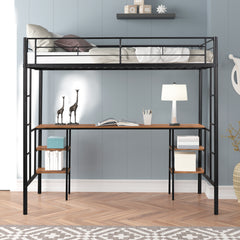HAOYYE Twin-Size Loft Bed With Table And Shelves, Heavy-Duty Metal Construction, Noise-Reduced Design, Safety Guardrail, Two Side Ladders, CPC Certified, No Box Spring Required, Space-Saving Loft Bed For Modern Living Spaces