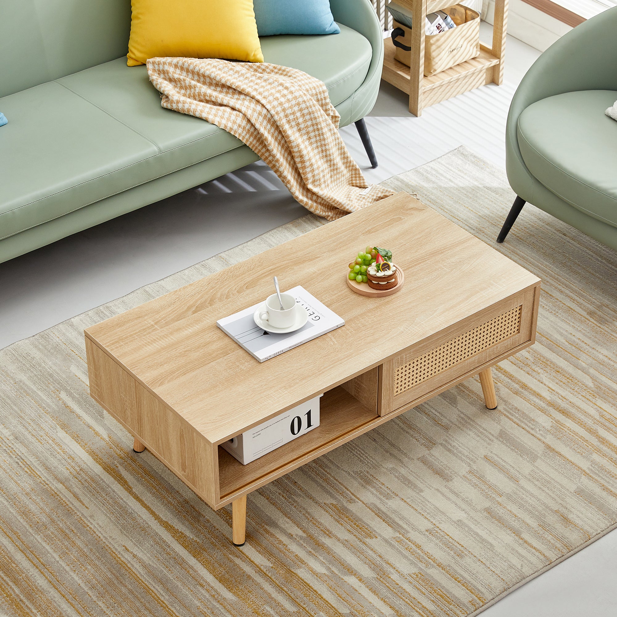 HAOYYE 41.34" Rattan Coffee table, sliding door for storage, solid wood legs, Modern table for living room , natural Sturdy Space-Saving Heavy Duty Modern Design Easy Assembly Durable Stylish Home Furniture