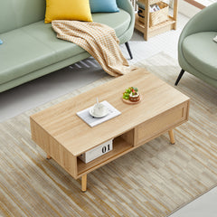HAOYYE 41.34" Rattan Coffee table, sliding door for storage, solid wood legs, Modern table for living room , natural Sturdy Space-Saving Heavy Duty Modern Design Easy Assembly Durable Stylish Home Furniture