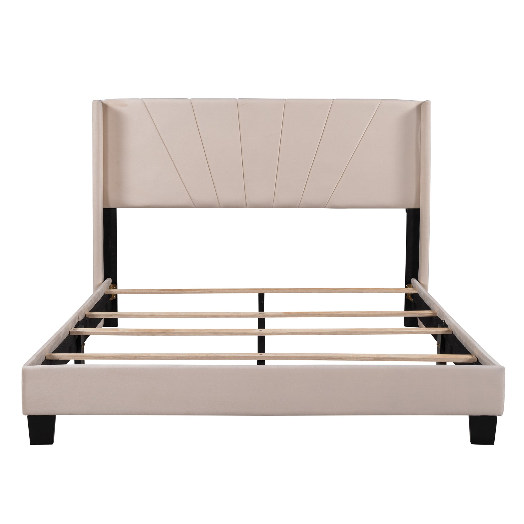 HAOYYE Queen Size Velvet Upholstered Platform Bed, Box Spring Needed - Beige Sturdy Space-Saving Heavy Duty Modern Design Adults Dorm Room Easy Assembly Bedroom Furniture