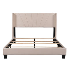 HAOYYE Queen Size Velvet Upholstered Platform Bed, Box Spring Needed - Beige Sturdy Space-Saving Heavy Duty Modern Design Adults Dorm Room Easy Assembly Bedroom Furniture
