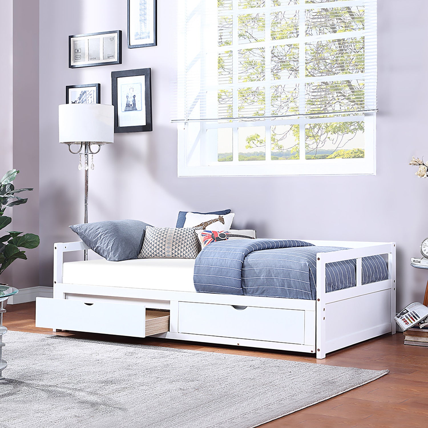 HAOYYE Wooden Daybed with Trundle and Storage Drawers, Extendable Sofa Bed for Bedroom or Living Room, White, Sturdy Space-Saving Design, Heavy Duty Construction, Easy Assembly, Durable and Stylish Home Furniture