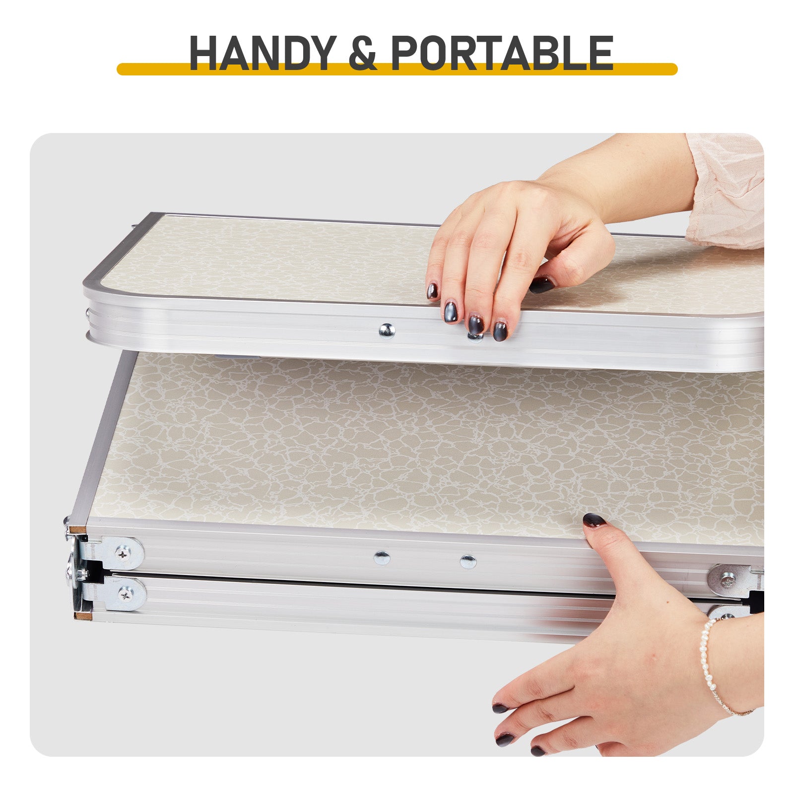 HAOYYE White with 3 Adjustable Heights Outdoor Folding Camping Table, Portable Aluminum Foldable Patio Side Table, Lightweight and Durable Design with Carry Handle for Hiking, Picnic, BBQ, Beach, Indoor or Outdoor Use