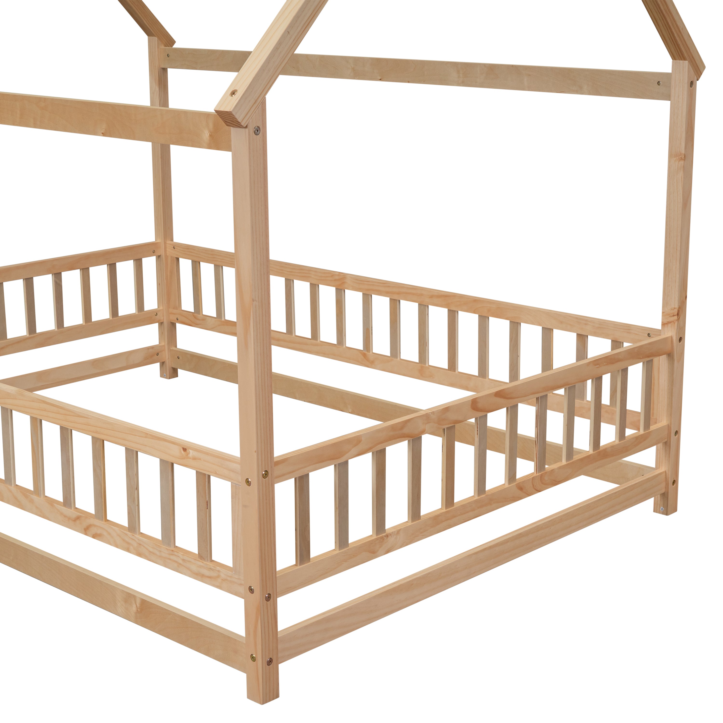 HAOYYE Full Size Floor Wooden Bed with House Roof Frame, Fence Guardrails ,Nartural Sturdy Space-Saving Heavy Duty Modern Design Adults Dorm Room Easy Assembly Bedroom Furniture