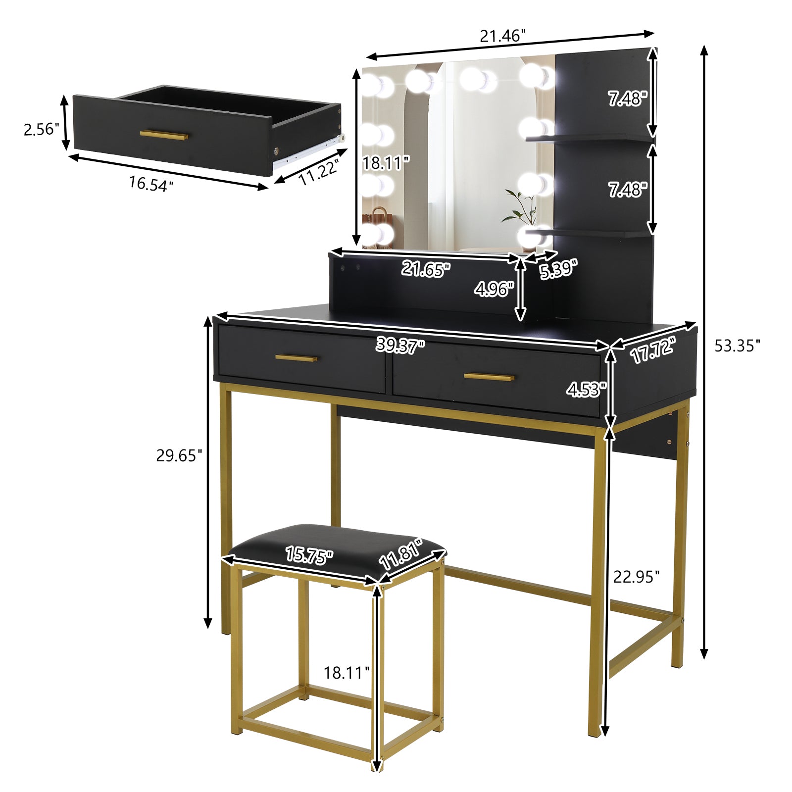 HAOYYE Large Vanity Set with 10 LED Bulbs, Makeup Table with Cushioned Stool, Multiple Storage Shelves and Drawers, Stylish Dressing Table Desk for Bedroom, Modern Black Design for Convenient Makeup and Organization