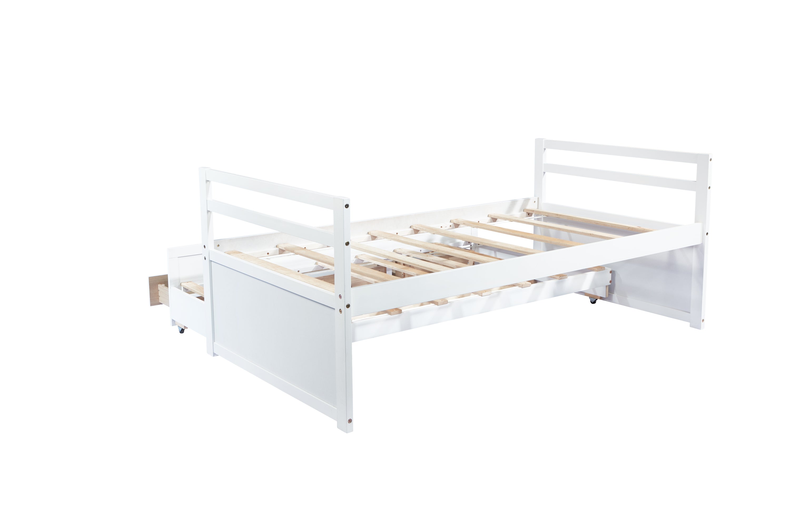 HAOYYE Twin Bed with Headboard, Footboard, Trundle and Storage Drawers, Pine Wood Twin Size Bed, White, Sturdy Space-Saving Heavy Duty Construction, Ideal for Adults and Dorm Rooms
