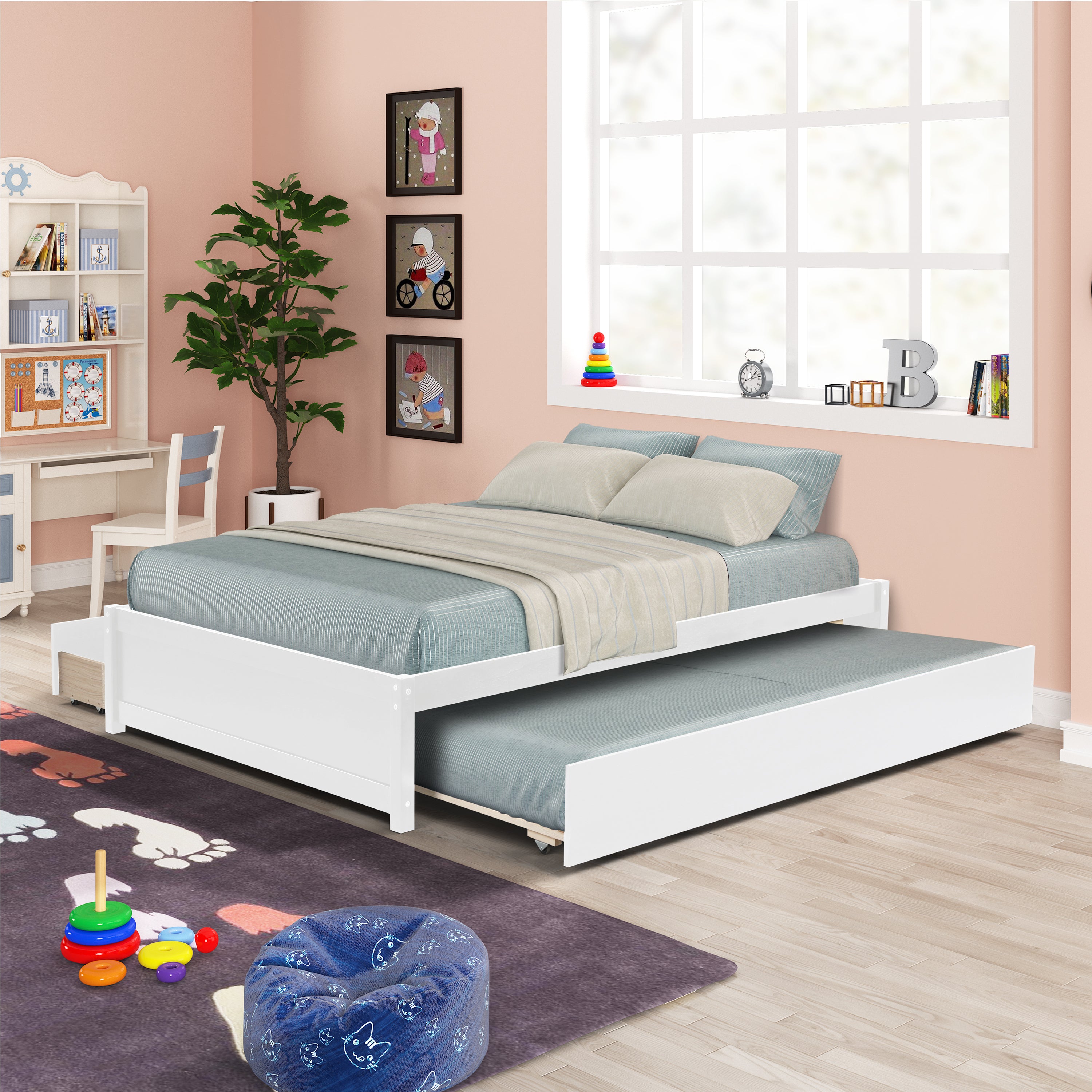 HAOYYE Full Bed with Twin Trundle and Two Drawers, White, Sturdy Space-Saving Design, Heavy Duty Construction, Easy Assembly, Durable and Stylish Home Furniture