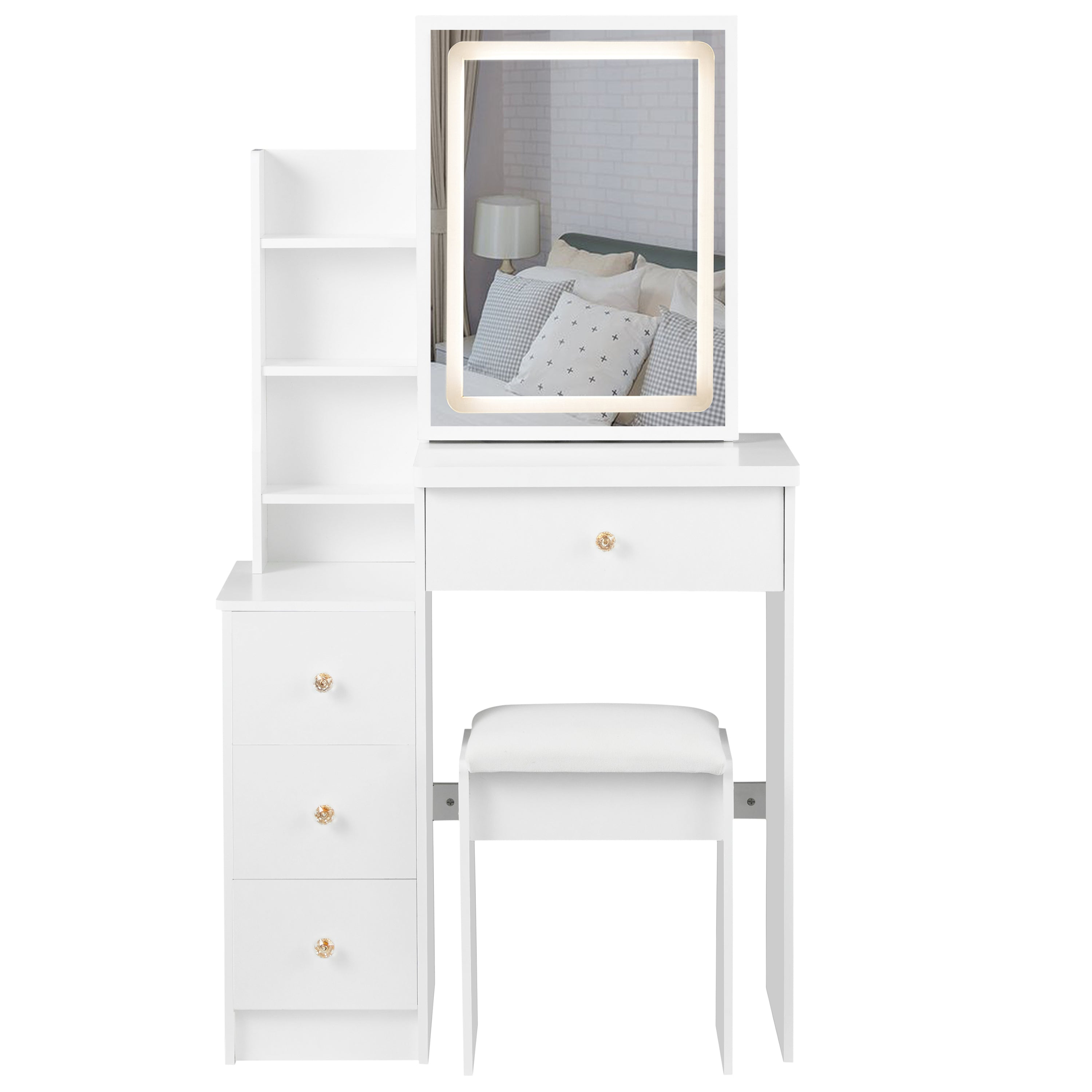 HAOYYE Small Size Left Bedside Cabinet Vanity Table + Cushioned Stool, Touch Control Sliding LED Mirror, Tri-color Switching, Brightness Adjust, Multi Layer, Suitable for Small Space, EPA,GCC,UL Certificate