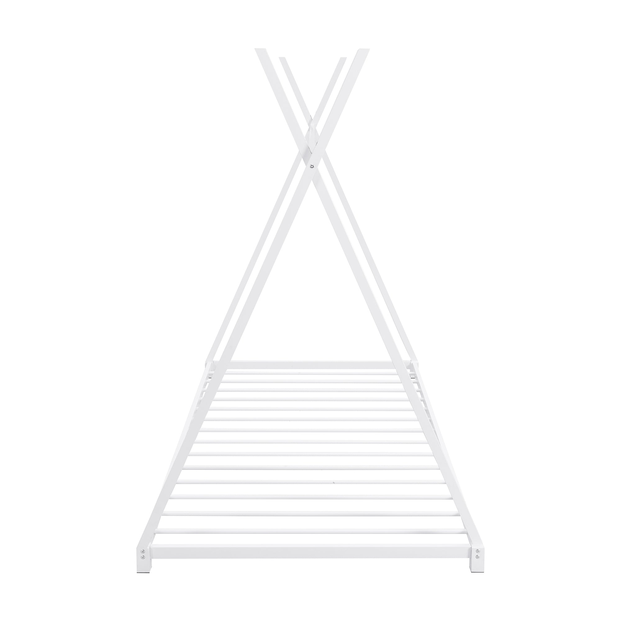 HAOYYE Metal Twin Size House Platform Bed with Triangle Structure, White Sturdy Space-Saving Heavy Duty Modern Design Adults Dorm Room Easy Assembly Bedroom Furniture