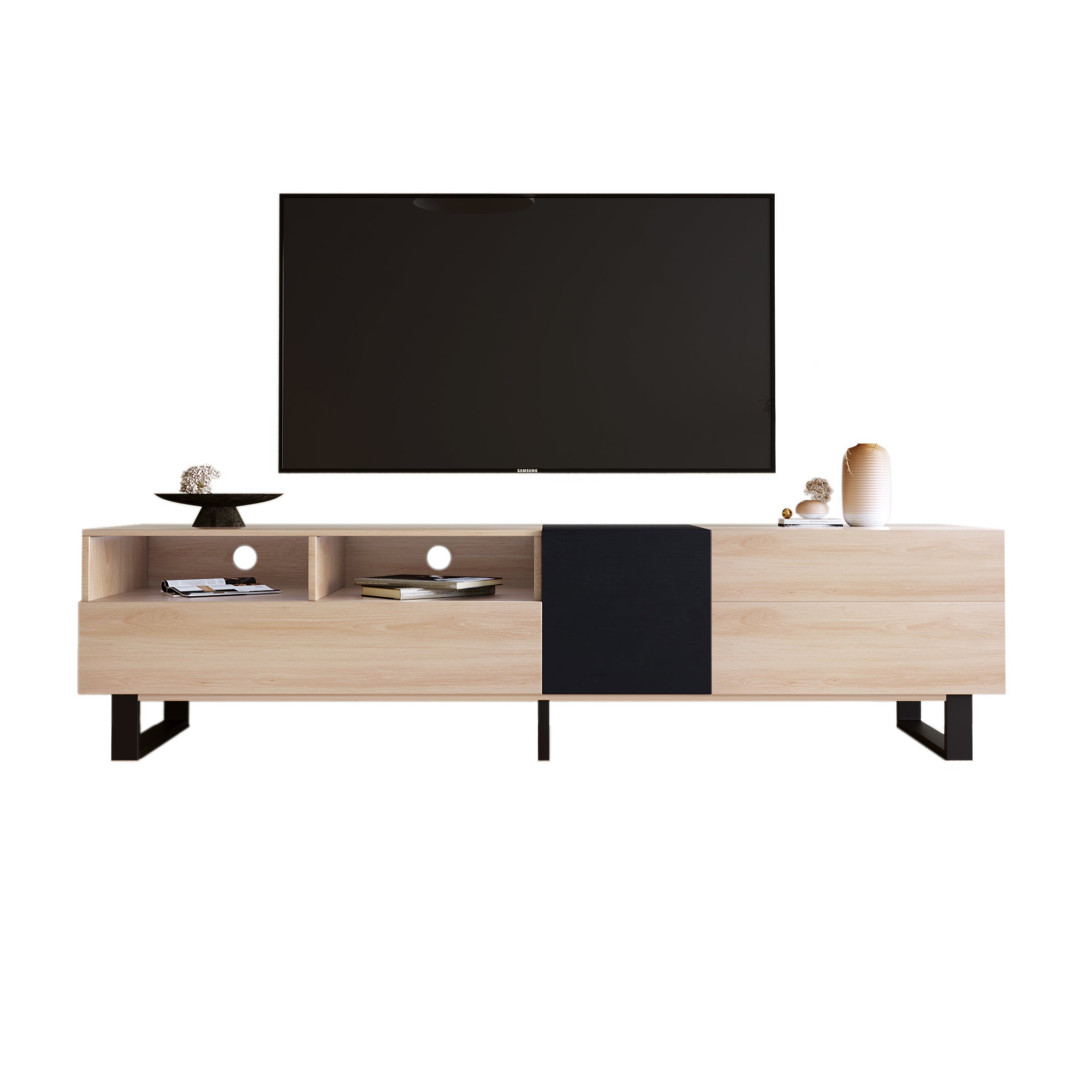 HAOYYE Modern TV Stand For 80 Inch TV With Double Storage Space And Drop Down Door, Media Console Table And Entertainment Center For Living Room, Bedroom And Home Theatre, Featuring Sturdy Space Saving Heavy Duty Construction And Sleek Contemporary Design