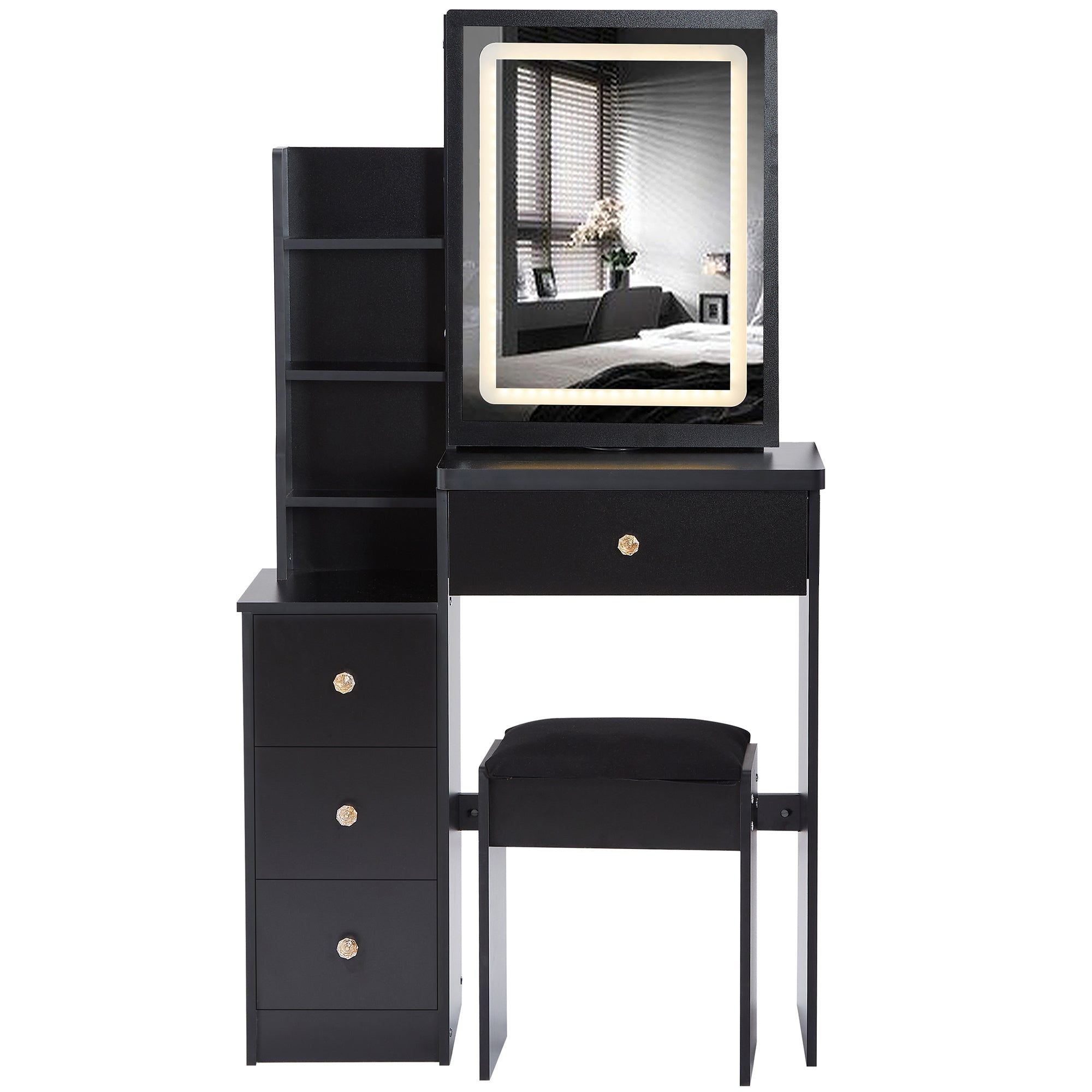 HAOYYE Small Size Left Bedside Cabinet Vanity Table + Cushioned Stool, Touch Control Sliding LED Mirror, Tri-color Switching, Brightness Adjust, Multi Layer, Suitable for Small Space, EPA,GCC,UL Certificate