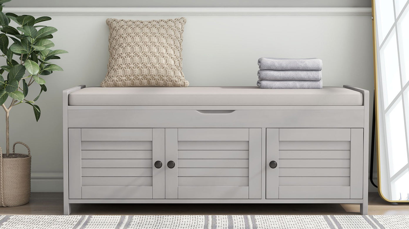 HAOYYE Storage Bench with 3 Shutter-shaped Doors, Shoe Bench with Removable Cushion and Hidden Storage Space (Gray Wash, OLD SKU: WF284226AAE) Sturdy Space-Saving Heavy Duty Modern Design Adults