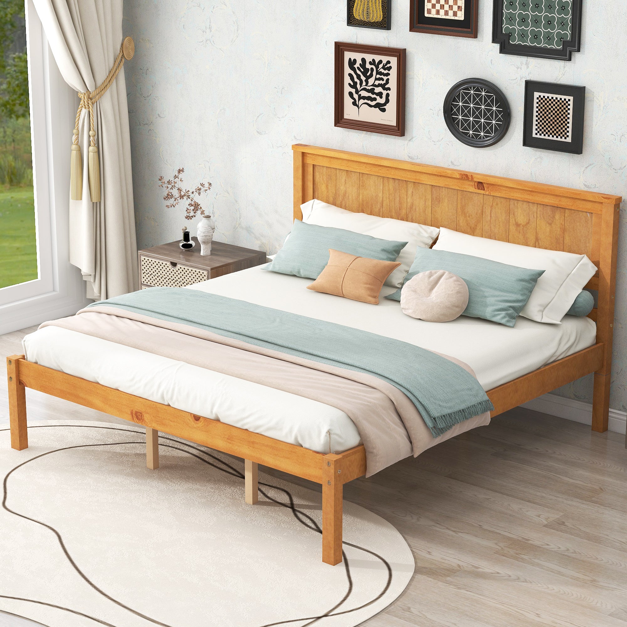 HAOYYE Platform Bed Frame with Headboard, Wood Slat Support, No Box Spring Needed, Queen, Oak Sturdy Space-Saving Heavy Duty Modern Design Adults Dorm Room Easy Assembly Bedroom Furniture