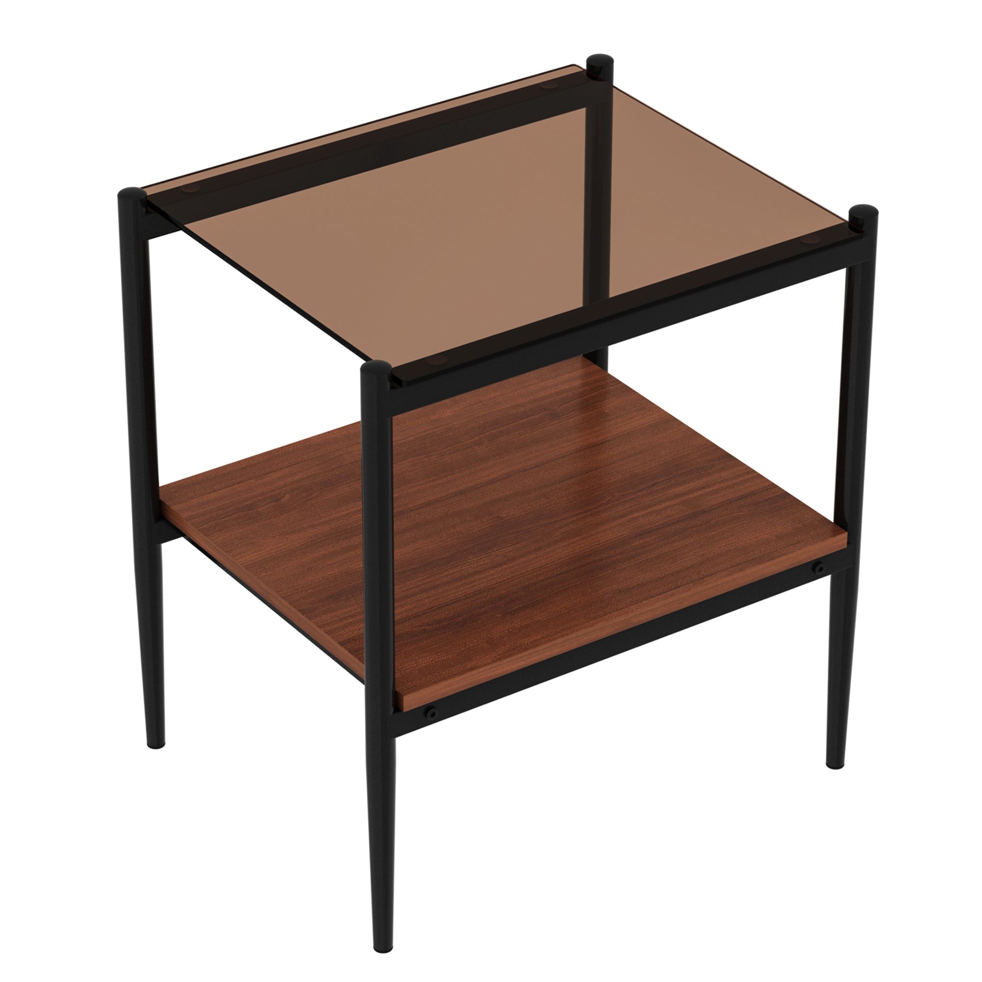HAOYYE Modern Rectangle End Table Set of 2, Tempered Glass Tabletop With MDF Layer, Sturdy Space-Saving Heavy Duty Side Table For Living Room, Brown Finish, Easy Assembly
