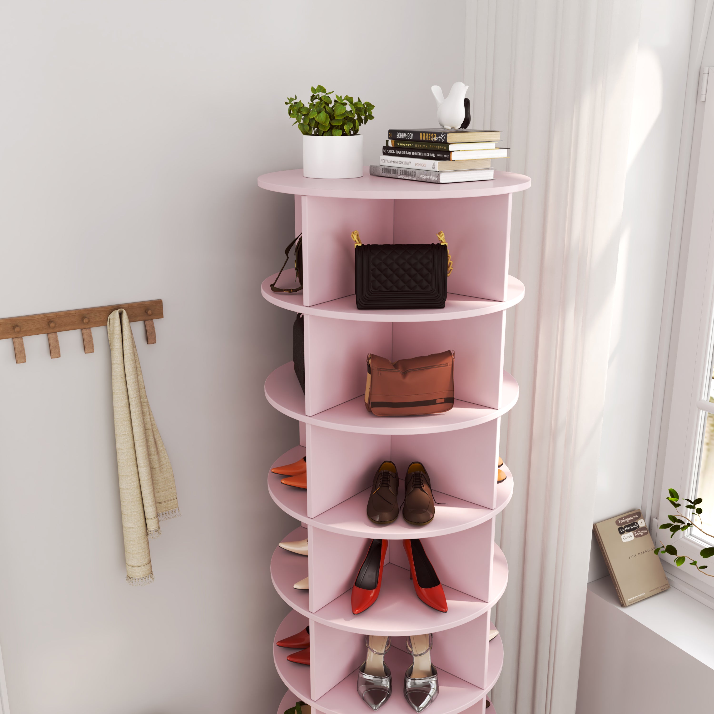 HAOYYE New 360 pink rotating shoe cabinet with 7 layers can accommodate up to 28 Paris shoes Sturdy Space-Saving Heavy Duty Modern Design Adults Dorm Room Easy Assembly Bedroom Furniture