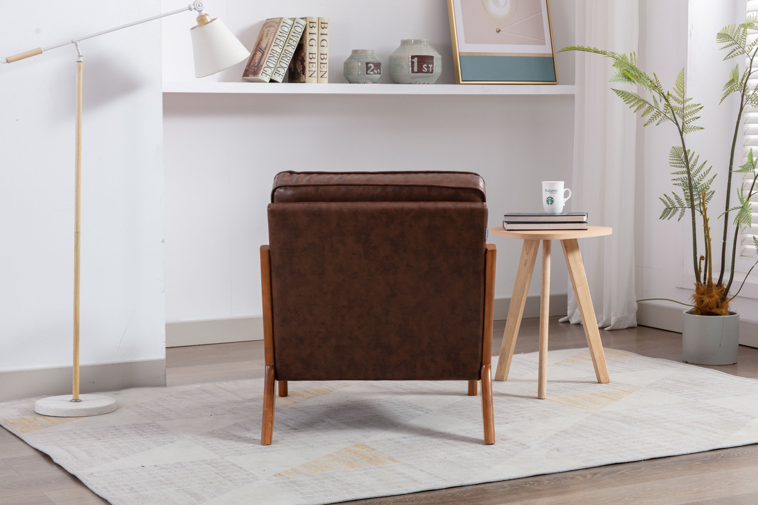 HAOYYE Mid Century Modern Accent Chair, Comfy Fabric Living Room Chairs with Solid Wood Frame, Lounge Reading Armchair, Easy Assembly (Brown PU) Sturdy Space-Saving Heavy Duty Modern Design