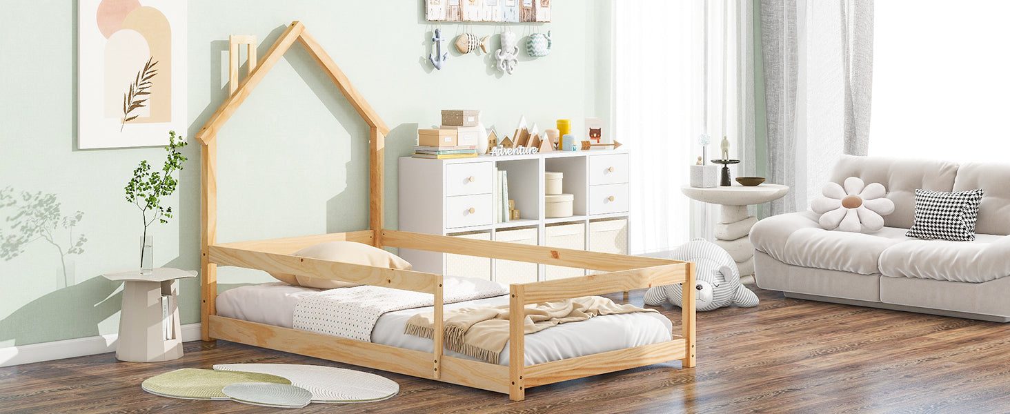 Haoyye Twin Size Wood Bed with House-Shaped Headboard, Floor Bed Frame with Fences and Guardrails, Low Platform Design for Bedroom or Dorm, Sturdy Pine Construction, Space-Saving and Heavy Duty, Easy Assembly, Ideal for Cozy Sleeping Spaces