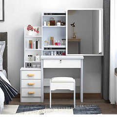 HAOYYE Fashion Vanity Desk with Mirror and Lights for Makeup and Chair, Vanity Mirror with Lights and Table Set with 3 Color Lighting Brightness Adjustable, 4 Drawers, White Color Sturdy Space-Saving Durable