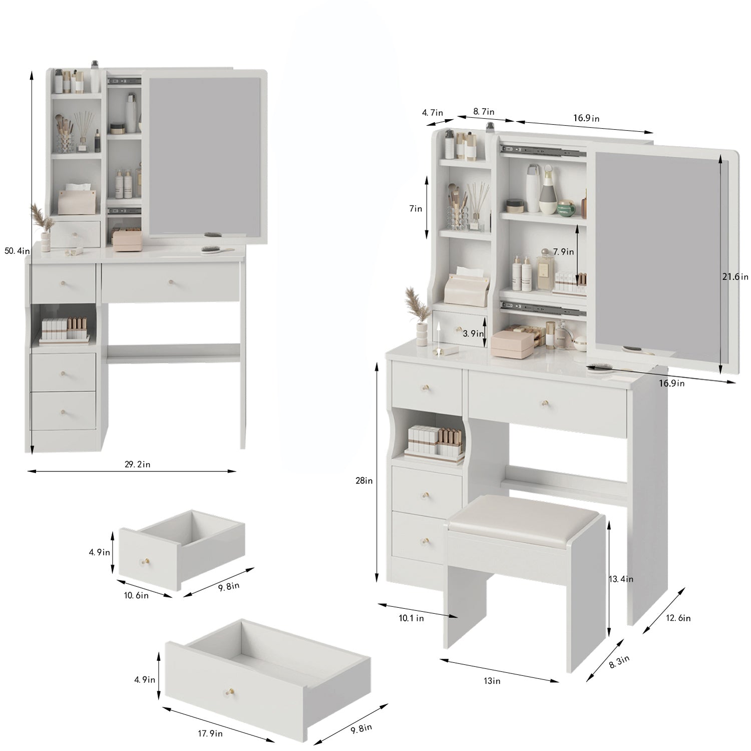 HAOYYE Small Space Vanity Table Set with Left Drawer, Cushioned Stool, Large Sliding Mirror, Multi-Layer Storage, Modern Compact Design, Stylish Durable Dressing Table for Adults, Ideal for Bedroom or Dressing Room