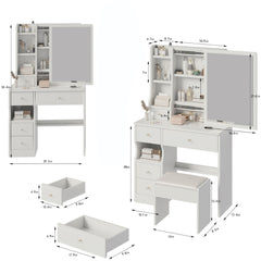 HAOYYE Small Space Vanity Table Set with Left Drawer, Cushioned Stool, Large Sliding Mirror, Multi-Layer Storage, Modern Compact Design, Stylish Durable Dressing Table for Adults, Ideal for Bedroom or Dressing Room