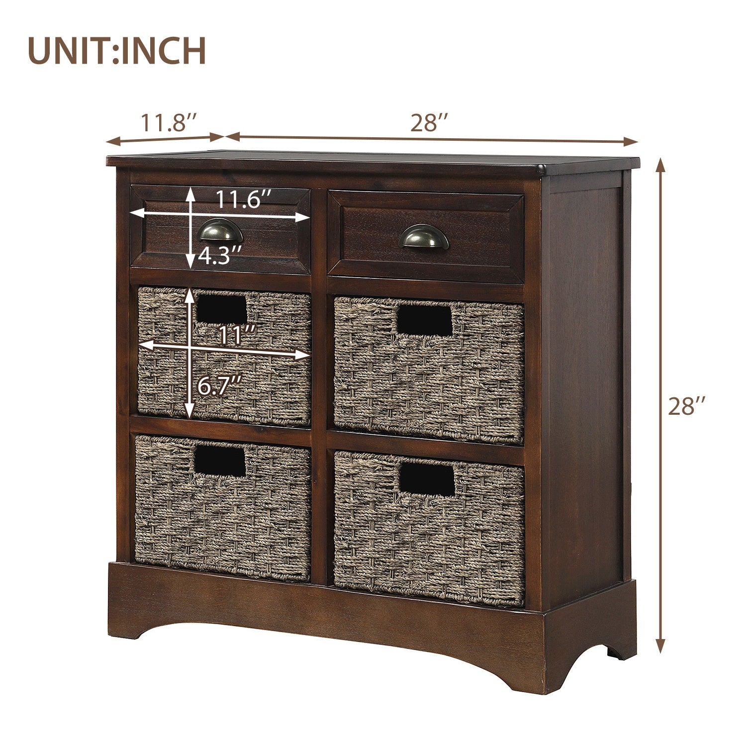 HAOYYE Rustic Storage Cabinet with Two Drawers and Four Classic Rattan Baskets for Dining Room or Living Room, Espresso, Sturdy Space-Saving Design, Heavy Duty Construction, Easy Assembly, Durable and Stylish Home Furniture