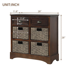 HAOYYE Rustic Storage Cabinet with Two Drawers and Four Classic Rattan Baskets for Dining Room or Living Room, Espresso, Sturdy Space-Saving Design, Heavy Duty Construction, Easy Assembly, Durable and Stylish Home Furniture