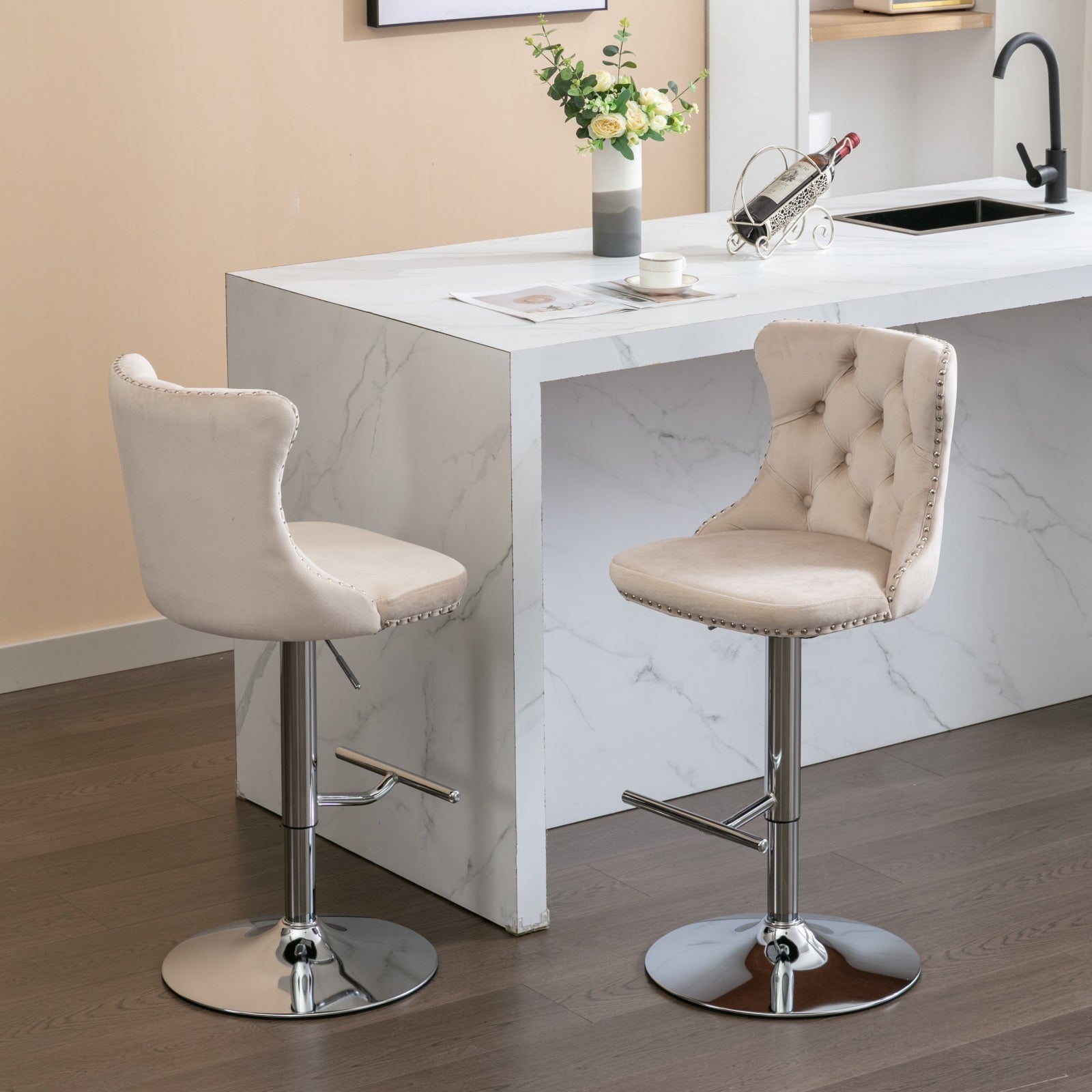 HAOYYE Swivel Velvet Barstools, Adjustable Seat Height 25-33 Inch, Modern Upholstered Chrome Base Bar Stools with Tufted Backs, Comfortable Set of 2 for Home, Pub, Kitchen Island, Beige, Sturdy Design