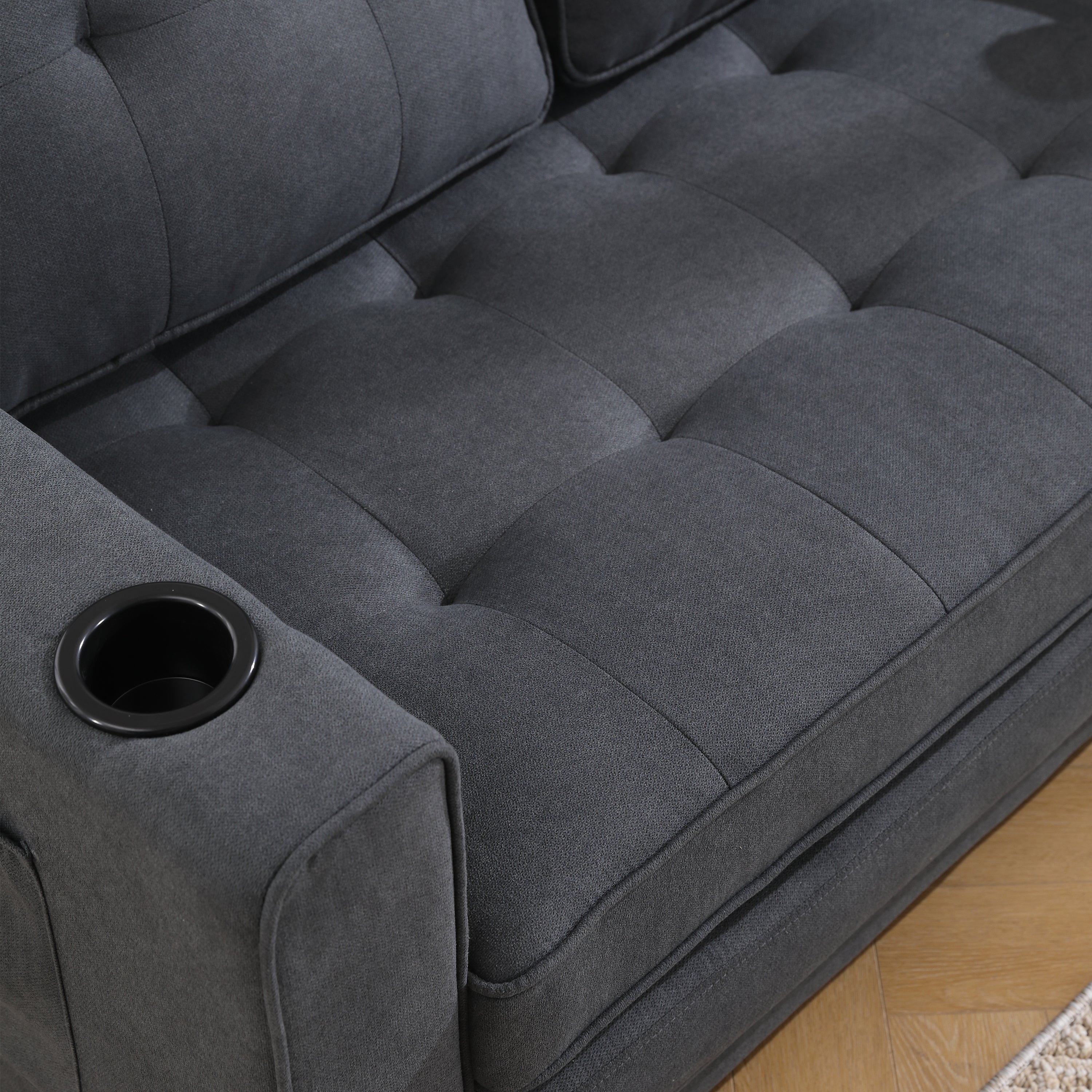 HAOYYE 3-in-1 Upholstered Convertible Futon Sofa Bed, Foldable Tufted Loveseat with Pull-Out Sleeper, Daybed with Side Pockets and Cup Holder, Dark Gray Sturdy Space-Saving Modern Design Easy Assembly