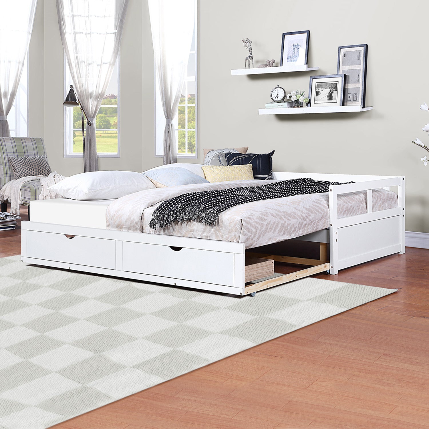 HAOYYE Wooden Daybed with Trundle and Storage Drawers, Extendable Sofa Bed for Bedroom or Living Room, White, Sturdy Space-Saving Design, Heavy Duty Construction, Easy Assembly, Durable and Stylish Home Furniture