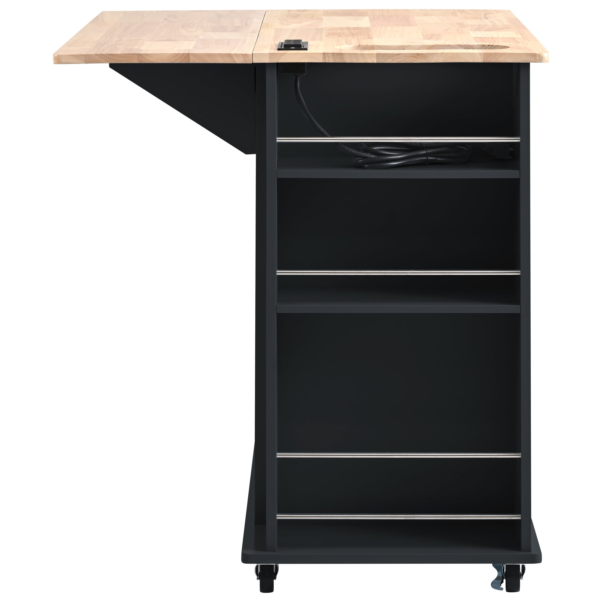 HAOYYE Kitchen Island with Power Outlet, Drop Leaf, Rubber Wood Top, Wine Rack, and Adjustable Storage. Black Kitchen Storage Island on Wheels, Ideal for Home, Kitchen, and Dining Room