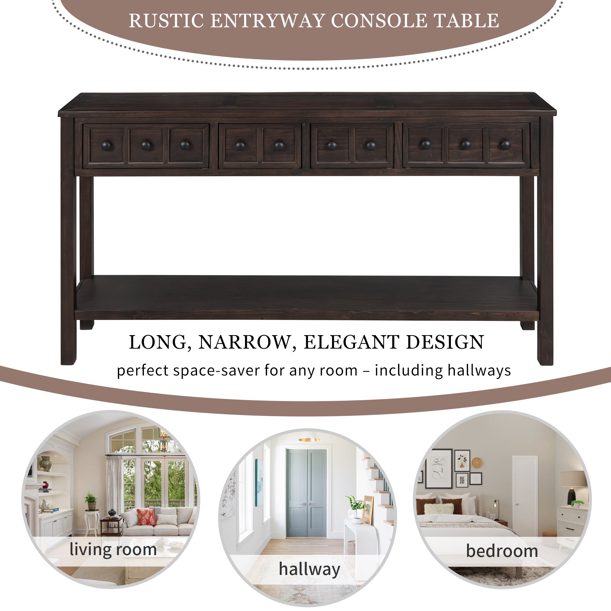 HAOYYE Rustic Entryway Console Table, Long Sofa Table with Two Drawers and Bottom Storage Shelf, Espresso, Sturdy Space-Saving Design, Heavy Duty Construction, Easy Assembly, Durable and Stylish Home Furniture