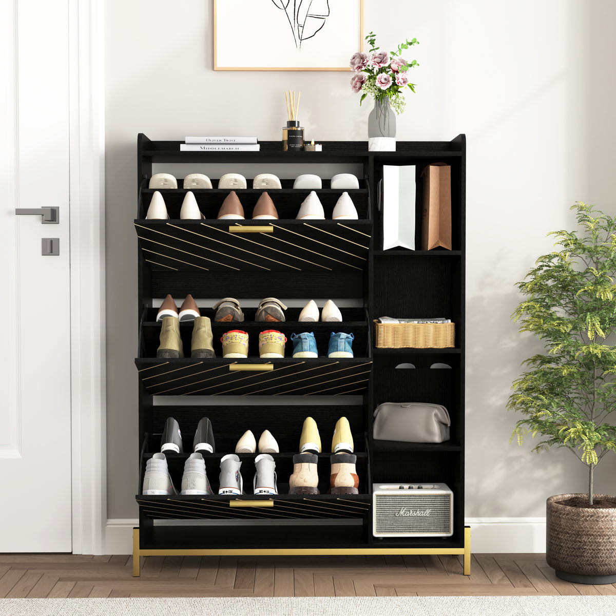 HAOYYE Modern Slim Shoe Cabinet With 3 Flip Drawers And Open Shelves, Wood Freestanding Shoe Organizer, Narrow Hidden Shoe Storage For Heels, Boots, And Slippers, Sturdy Entryway Shoe Rack For Entrance