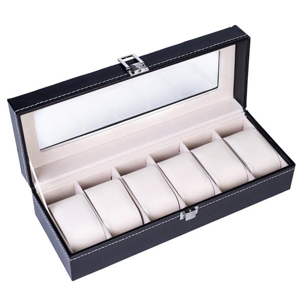 HAOYYE 6-Compartment Luxury Leather Watch Box - High-Grade Black Leather Watch Organizer with Soft Plush Lining, Sleek and Compact Design, Premium Quality Decorative Display Case for Men’s and Women’s Watches, Perfect for Home or Travel Storage