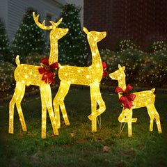 HAOYYE 3-Piece Lighted Christmas Reindeer Family Set, Pre-Lit 2D Deer Family with 200 Warm White LED Lights, Weather-Proof Outdoor Christmas Decorations with Stakes, Golden Christmas Ornament for Home, Yard, and Patio Holiday Display