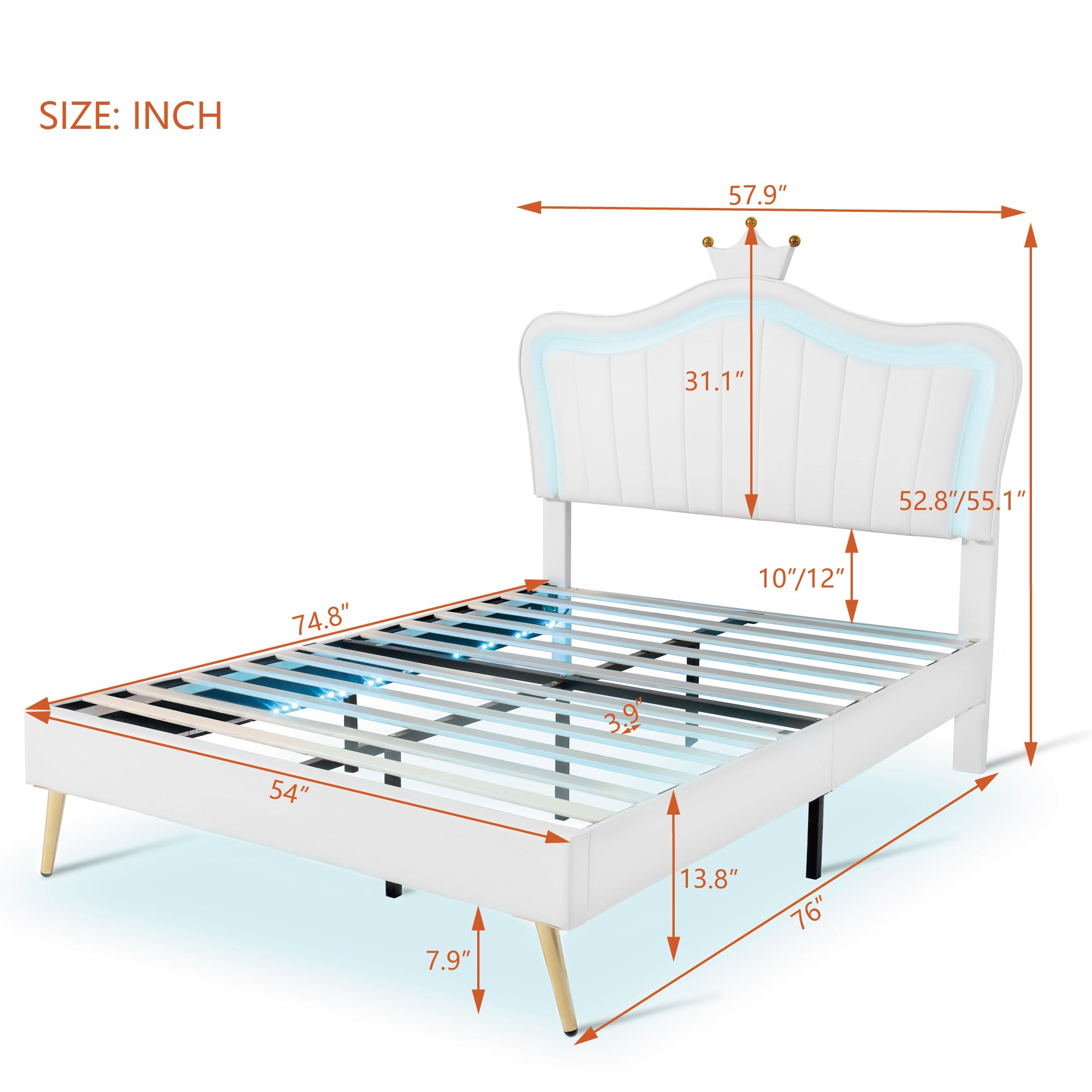 HAOYYE Full Size Upholstered Bed Frame with LED Lights,Modern Upholstered Princess Bed With Crown Headboard,White Sturdy Space-Saving Heavy Duty Modern Design Adults Dorm Room Easy Assembly