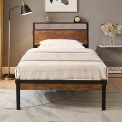 HAOYYE Twin Size Metal Platform Bed Frame with Wooden Headboard and Footboard with USB LINER, No Box Spring Needed, Under Bed Storage, Easy Assemble Sturdy Space-Saving Heavy Duty Modern Design Durable