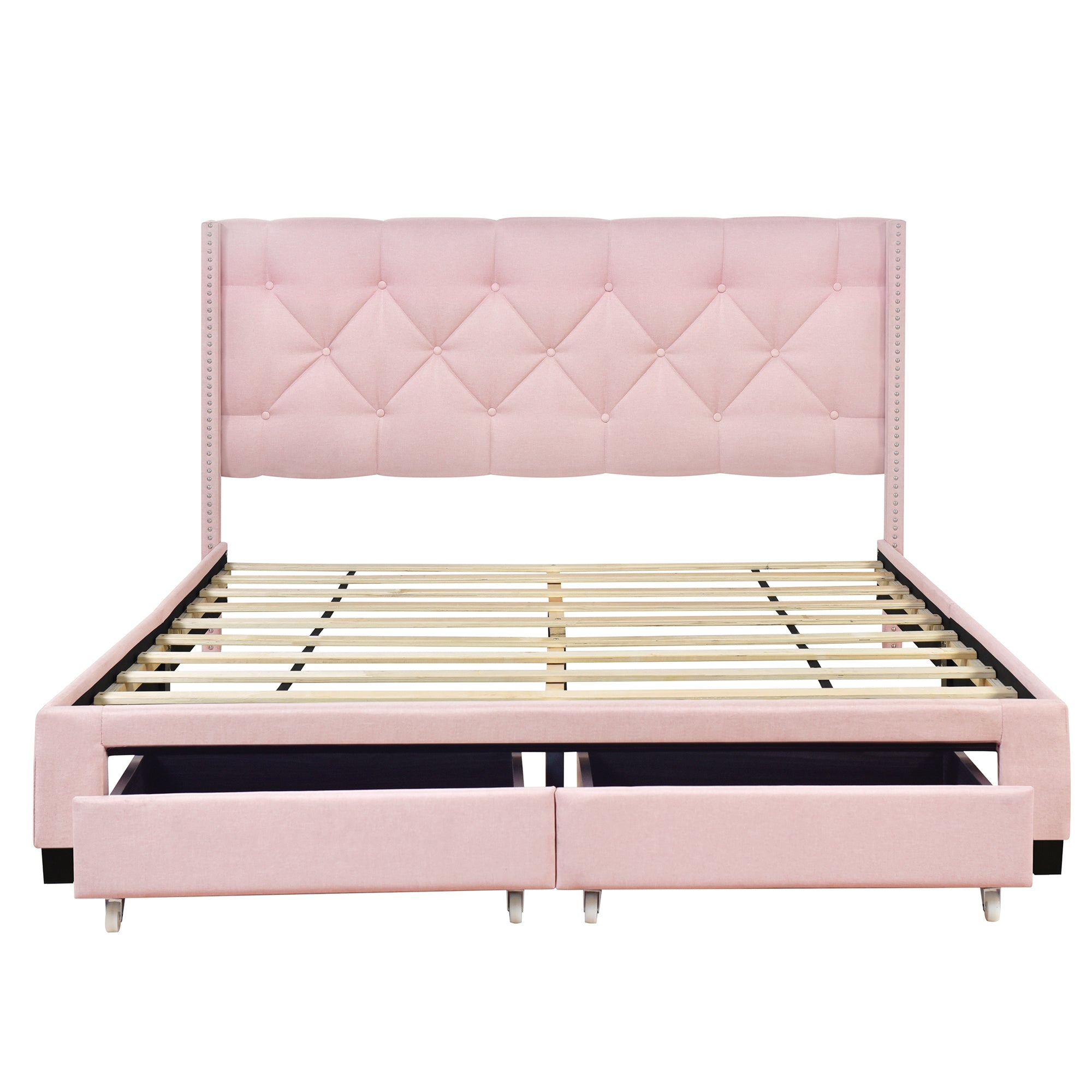 HAOYYE Queen Size Linen Upholstered Platform Bed with Two Drawers, Modern Storage Bed with Sturdy and Space-Saving Design, Heavy Duty Construction, Ideal for Adults and Dorm Rooms, Easy Assembly for Bedroom Furniture