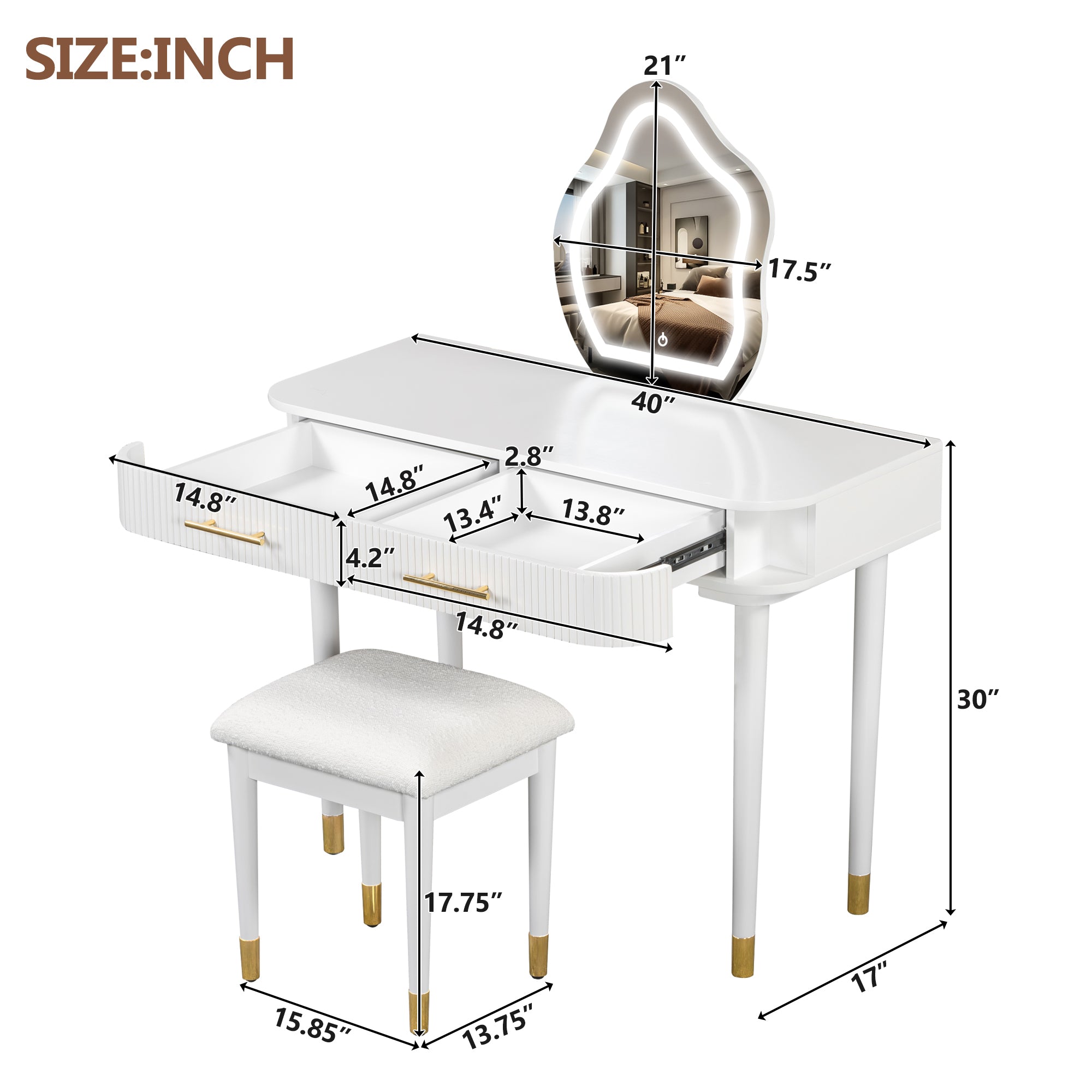 HAOYYE 40" Modern Vanity Table Set with Mirror Touch Screen Lighted Mirror, Dressing Table and Cushioned Stool Set with 2 Large Drawers, White