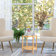 HAOYYE Rattan Coffee Table with Tempered Glass Top, Boho Style Round End Table, Small Space-Saving Side Table for Living Room Balcony Patio, Natural Hand-Woven Rattan Shelf and Sturdy Design