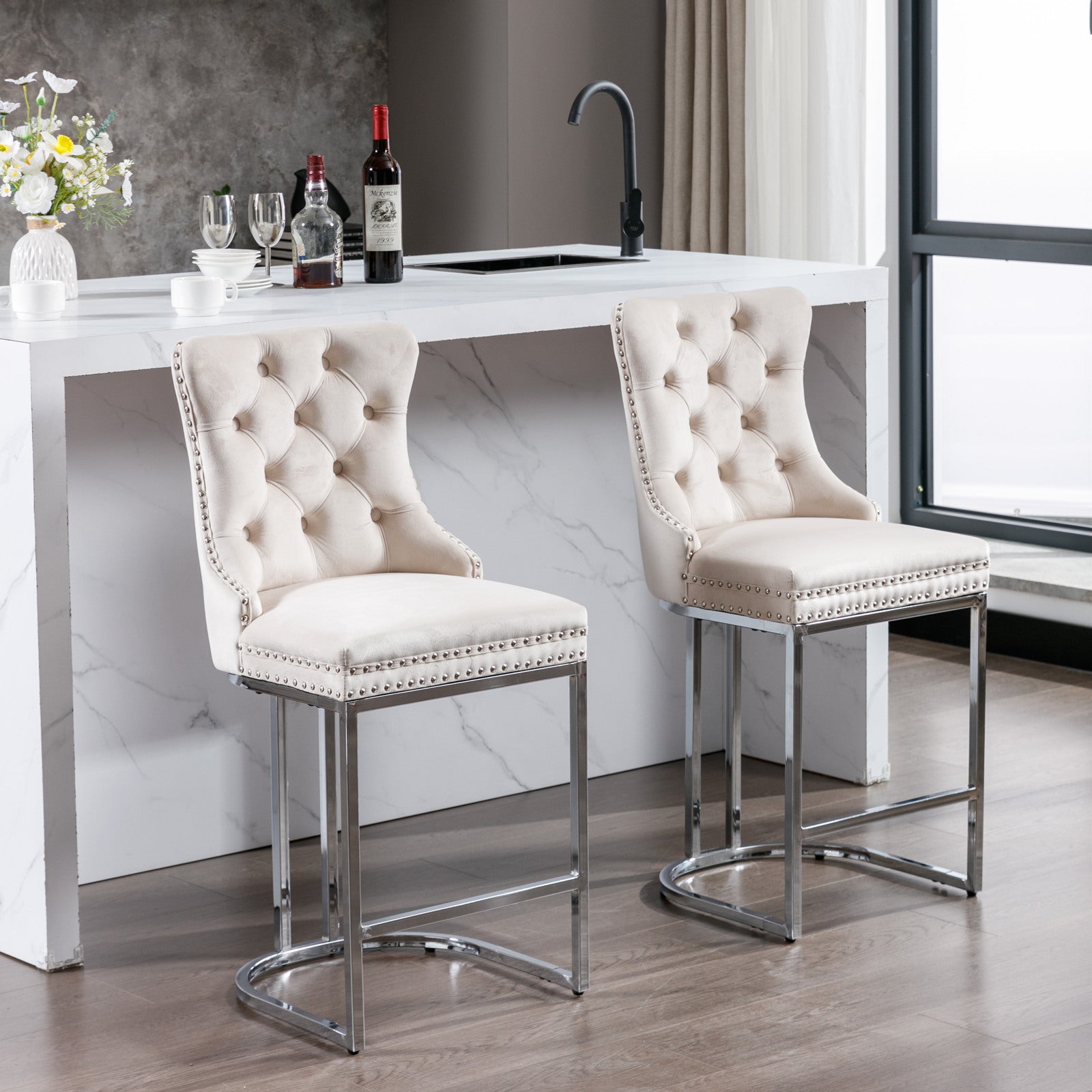 HAOYYE 26" Counter Height Bar Stools Set of 2, Modern Velvet Barstools with Button Back&Rivet Trim Upholstered Kitchen Island Chairs with Sturdy Chromed Metal Base Legs Farmhouse Bar Stools, (Beige,2 Pack)