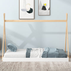 HAOYYE Twin Size Tent Floor Bed with Triangle Structure, White+Natural Sturdy Space-Saving Heavy Duty Modern Design Adults Dorm Room Easy Assembly Bedroom Furniture