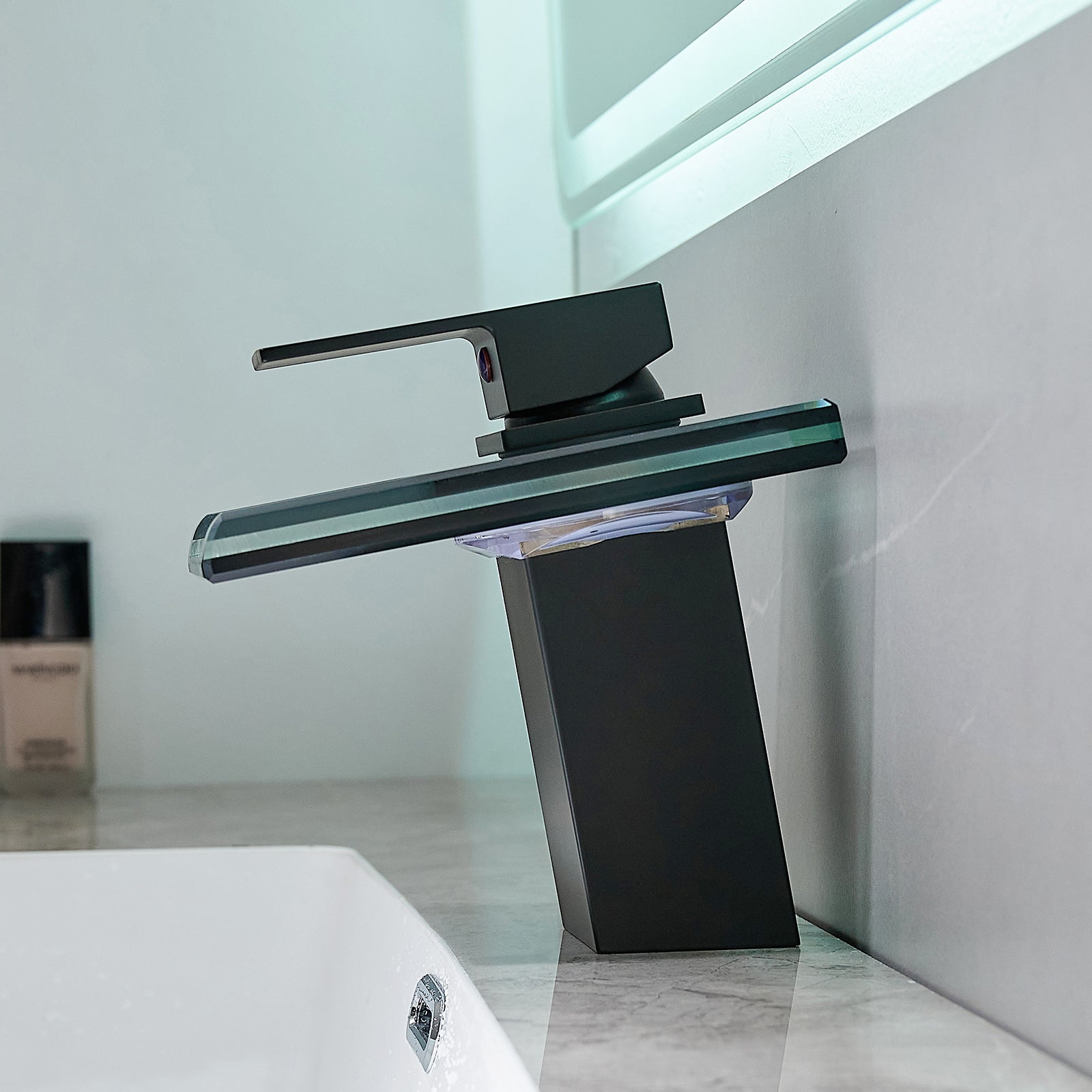 HAOYYE Bathroom Sink Faucet LED Light 3 Colors Changing Waterfall Glass Spout Hot Cold Water Mixer Single Handle One Hole Deck Mounted Bathroom Faucet Black Lavatory Vanity Basin Bath Plumbing Fixtures