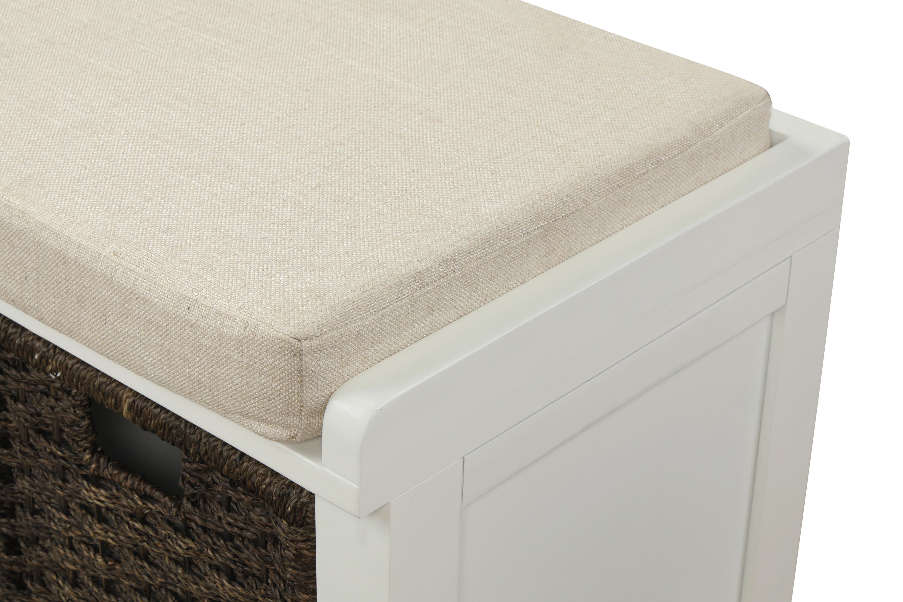 HAOYYE Rustic Storage Bench with 3 Removable Classic Rattan Basket , Entryway Bench Storage Bench with Removable Cushion (White) Sturdy Space-Saving Heavy Duty Modern Design Easy Assembly Durable