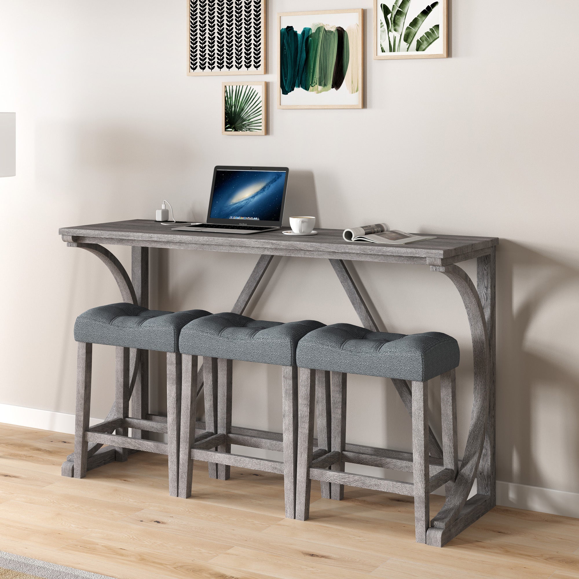HAOYYE Bar Table Set with Power Outlet, Bar Table and Chairs Set, 4 Piece Dining Table Set, Industrial Breakfast Table Set, for Living Room, Dining Room, Game Room Sturdy Space-Saving Heavy Duty Adults