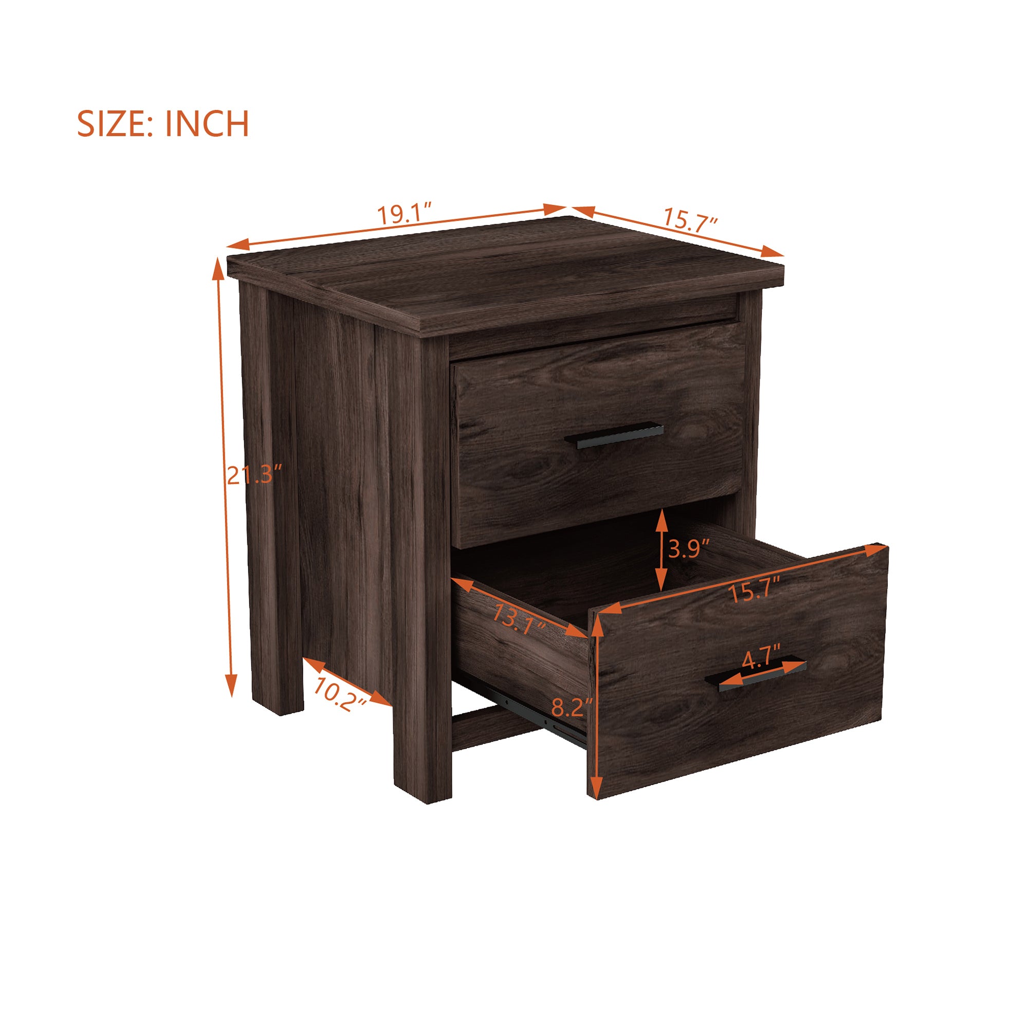 HAOYYE Vintage Nightstand with Two Drawers, Dark Walnut Sturdy Space-Saving Design, Heavy Duty Modern Bedroom Furniture for Adults, Easy Assembly
