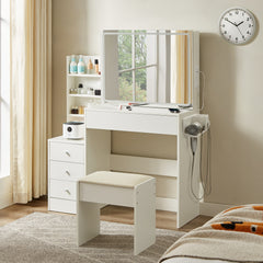 HAOYYE Vanity table with LED-lit mirror with power outlet and hairdryer shelving, with 4 drawers and upholstered stool, brightness adjustable in 3 lighting modes, storage table, White,