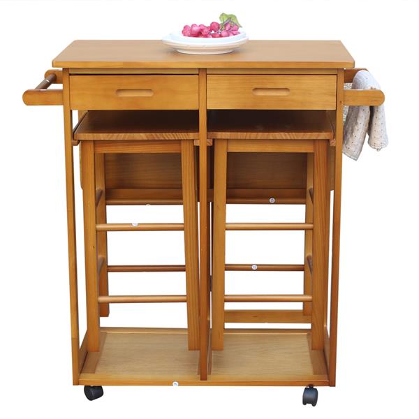 HAOYYE Square Solid Wood Folding Dining Cart with 2 Free Stools, Expandable Drop Leaf Tabletop, 2 Storage Drawers, Rolling Kitchen Island with Push Handle, Space-Saving Mobile Dining Solution for Home
