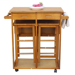 HAOYYE Square Solid Wood Folding Dining Cart with 2 Free Stools, Expandable Drop Leaf Tabletop, 2 Storage Drawers, Rolling Kitchen Island with Push Handle, Space-Saving Mobile Dining Solution for Home