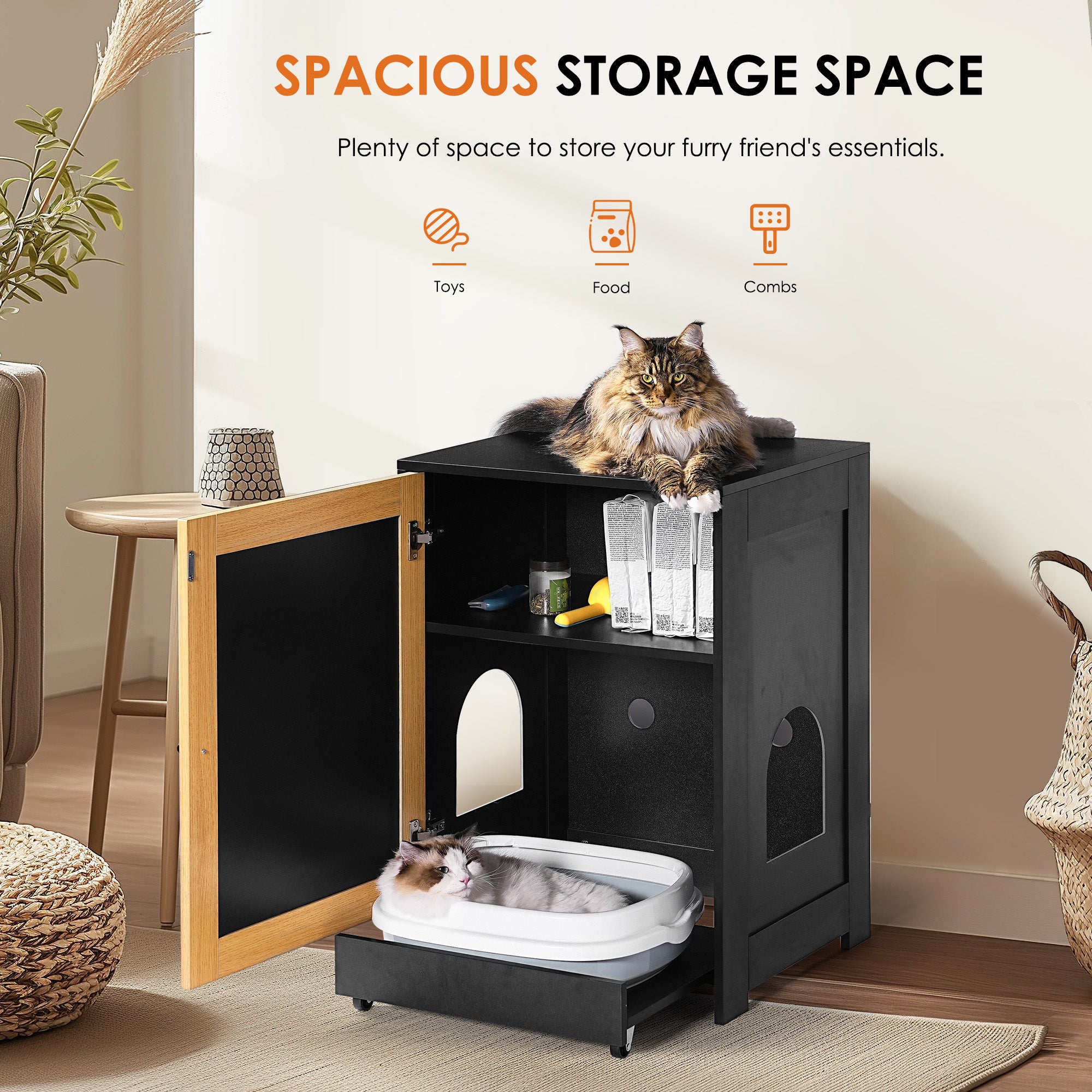 HAOYYE Cat Litter Box Enclosure with Sisal Door, Hidden Cat Washroom and Kitty End Table, Black Modern Litter Cabinet, Sturdy Space-Saving Design, Easy Assembly, Ideal for Bedrooms and Living Rooms